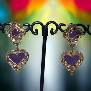 Purple & Gold-Tone Art Nouveau Heart Dangle Earrings Vintage!